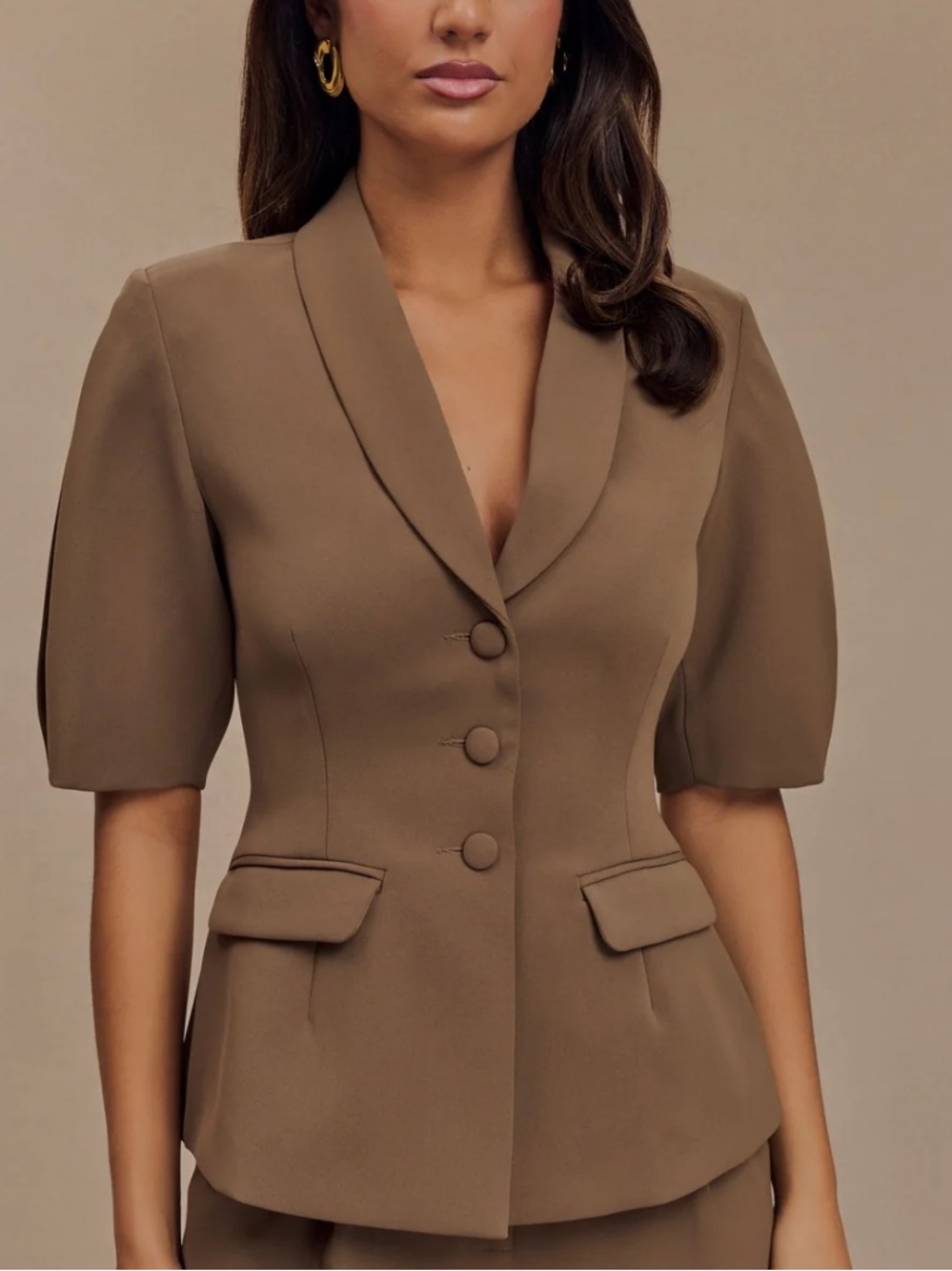 Meshki Brown Short-Sleeve Tailored Blazer and shorts set